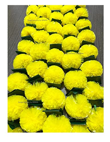 Image of SPHINX Artificial Marigold Fluffy Flowers Garlands for Decoration - Pack of 5 (Yellow with Green Leaves, 5 ft)