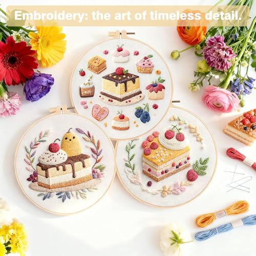 Image of RidaaFri Embroidery Kit for Beginners, 3PC Starter Set with Pre-Printed Cake & Fruit Patterns, Includes Hoop, Needles, Floss, Step-by-Step Guide, DIY Hand Embroidery Craft for Adults