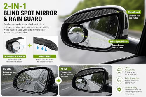 Image of 2 pcs Car Rearview Blind Spot Mirrors with Rain Guard, 2-in-1 Carbon Fiber Rain Eyebrow Reflective Protection Shield, 360 Adjustable HD Blindspot Mirror, Universal Car Exterior Accessories