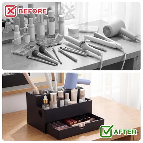 Image of AceOrbit Leather Hair Tool Organizer with Drawer Back to School Gift Bathroom Vanity Organizer Black Blow Dryer Hot Styling Tool Hair Holder for Countertop Curling Iron Flat Iron Straightener Makeup