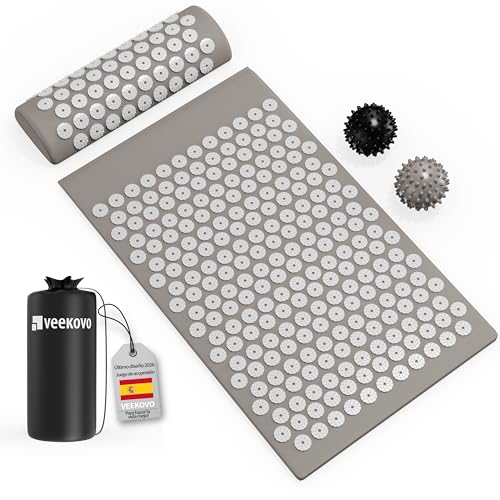 Set de Acupresión - Esterilla,Eco - Con Cojín,Bolas de Masaje y Bolsa - Almohada,Tapete de Masaje con Puntas para Alivio del Dolor,Relajación y masaje en la espalda,la cervical,los piernas (Gris)