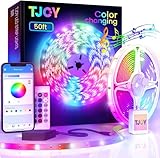 TJOY 50ft Bluetooth LED Strip Lights, SMD5050 Music Sync Tape Lighting, RGB Color Changing Rope Lighting with Remote,Smart APP Control, LED Lights for Bedroom,TV,Room DIY (APP+Remote +Mic/50ftx1)