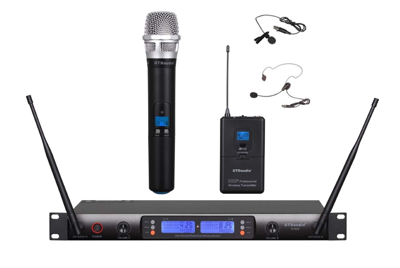 GTD Audio 2x100 Selectable Channel UHF Wireless Hand-held/Lavalier/Lapel/Headset Microphone Karaoke Mic System 622 (1 hand held & 1 Lavaliere)