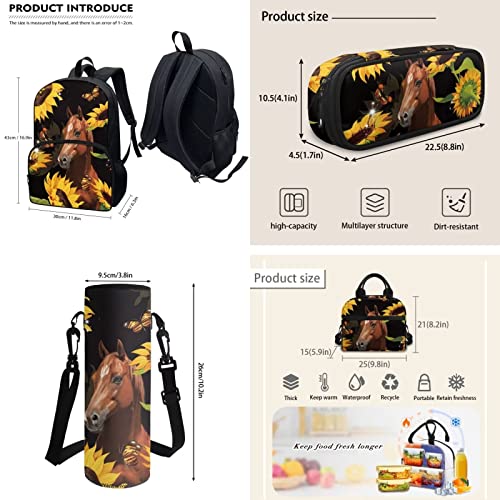 POLERO Sunflower Horse Schoolbag Bookbag Casual Backpack Set with Lunch Bag/Water Bottle Cover/Pencil Case for Women Girls Teens3