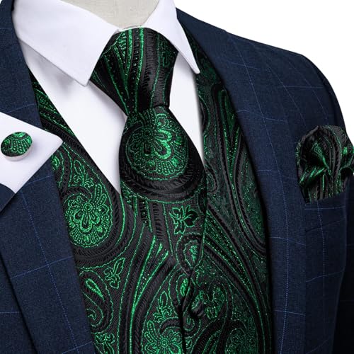 Image of DiBanGu Mens Vest and Tie Set Formal Paisley Waistcoat and Necktie Pocket Square Cufflinks Silk Suit Vest for Tuxedo Wedding