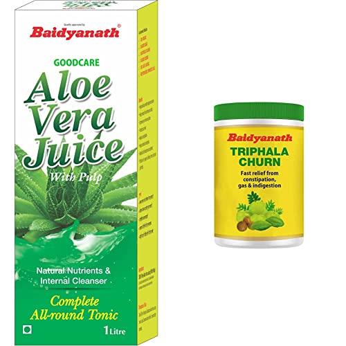Image of Baidyanath Aloe Vera Juice with Pulp - An All-Round Tonic for Skin and Hair - 1L and Baidyanath Triphala Churna - Quick Relief from Digestive Distress- 240g (Pack of 2)