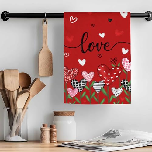 Image of Valentines Kitchen Towels Love Heart Flower Hand Towels Black Red Valentines Day Dish Towel Soft Absorbent Quick Drying 4 Pack Dish Cloths 18x28 Inch Anniversary Wedding Decoration