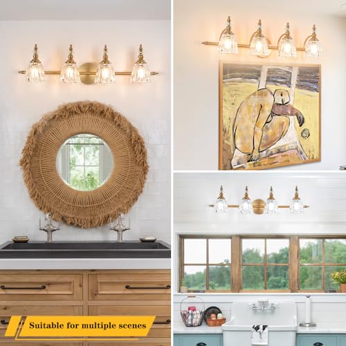 Image of Brushed Antigue Brass Bathroom Light Fixtures 4 Lights, Antique Brass Vanity Light, Vanity Light Over Mirror, Vintage Bathroom Light with Clear Flower Glass, Lights for Wall Interior Hallway