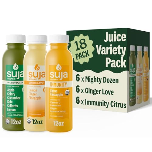 Image of Suja Organic Juice Variety Pack | 6 Mighty Dozen, 6 Ginger Love, and 6 Citrus Immunity | Plant-Based & Gluten-Free (12 fl oz, Pack of 18 total)