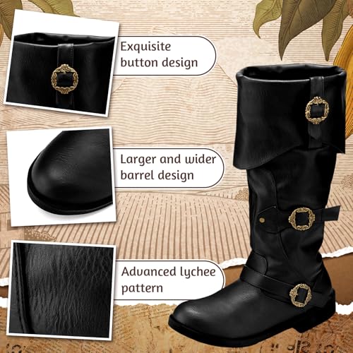 Image of Cuffbow Halloween Pirate Costume Boots for Men Medieval Renaissance Steampunk Cosplay Boots Gothic Adult Button Leather Shoes