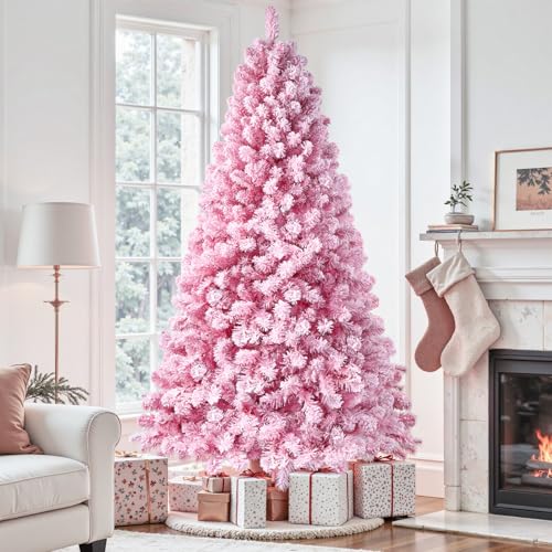 Image of SHareconn 6ft Snow Flocked Spruce Pre-lit Artificial Christmas Tree, Pink | 250 Warm White Incandescent Lights, 772 Branch Tips, Foldable Metal Stand, Full Snow Flocked Xmas Tree for Holiday Decor