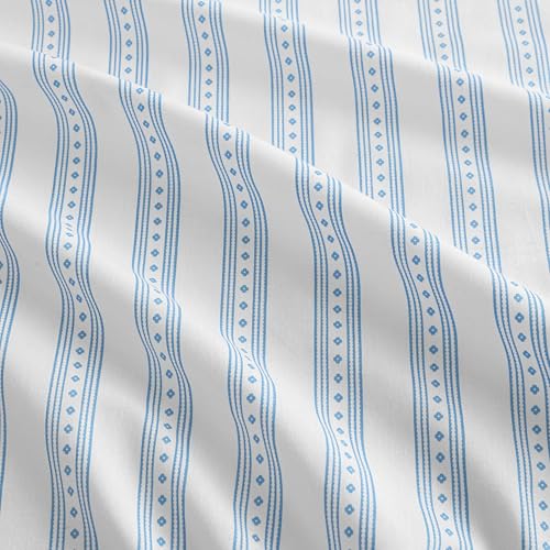 Image of Martha Stewart - Full Size Sheets Set, Crisp & Tailored Cooling Sheets with a Smooth Cotton Percale Lightweight Feel - Bed Sheets with Matching Pillowcases & Fitted Sheet (Francesca Stripe Blue)