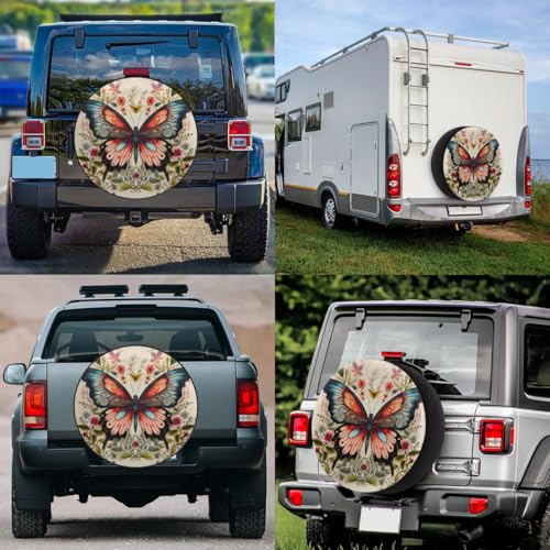 Image of Spare Tire Cover for RV Trailer, Retro Butterfly Flower Tire Covers Universal Fit for Travel Trailer Camper Jeep RV SUV Truck Waterproof Wheel Cover (16 inch for Diameter 29 inch - 31 inch)
