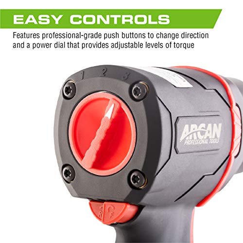 Arcan 1/2” Lightweight Pneumatic Push Button Air Impact Wrench, 1300 ft/lbs of High Torque, Twin Hammer, Composite, with Variable Speed Trigger (A41311)