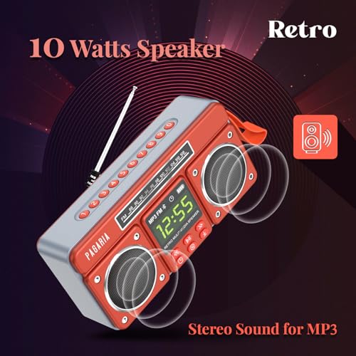 Image of PAGARIA New Retro Portable FM Radio with 10 Watts Sound, Bluetooth Recording, Alarm Clock, USB /TF Card, Detachable External Antenna, Earphone & Aux Port (Red)