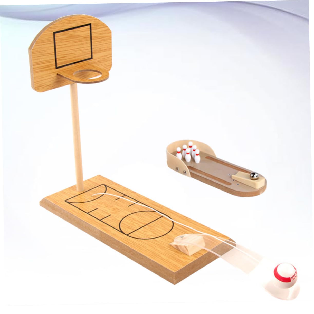 BESTonZON Educational Mini Desktop Bowling Toy Basketball Game Set Wooden 2 Pack for Relief Home Decor