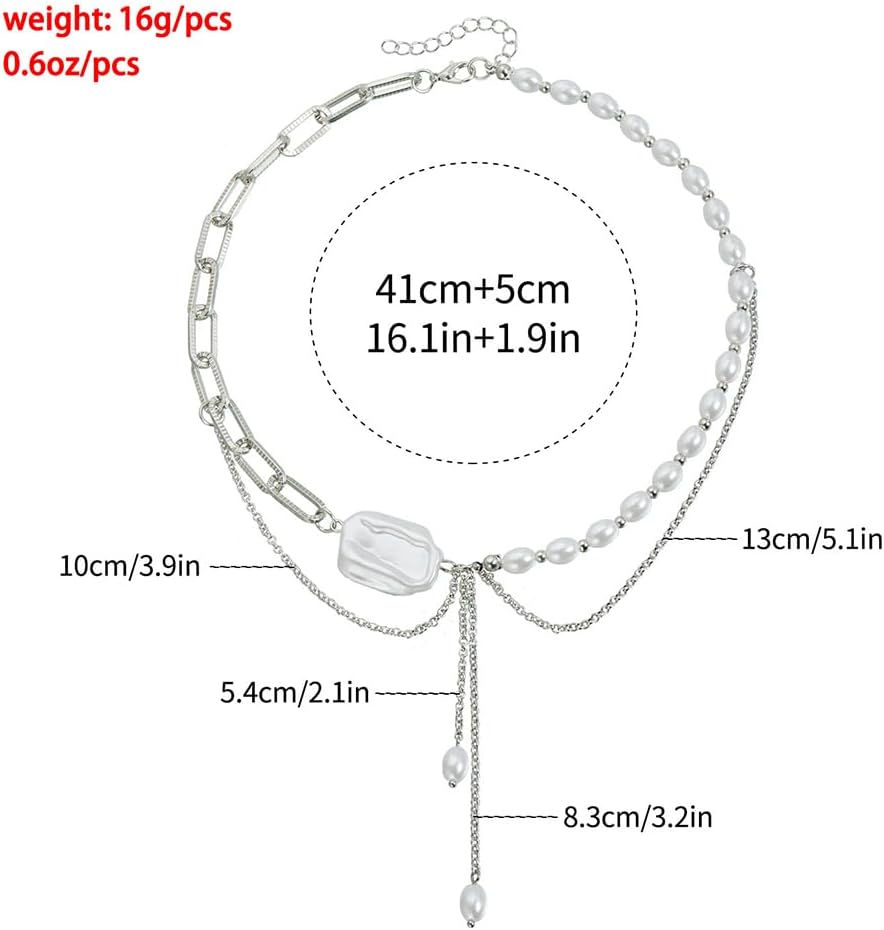 Dainty Layered Silver Baroque Pearl Tassel Y Necklace for Women, Statement Half Pearl Beaded Paperclip Chain Choker Vintage Charm Party Jewelry Gifts - Image 2