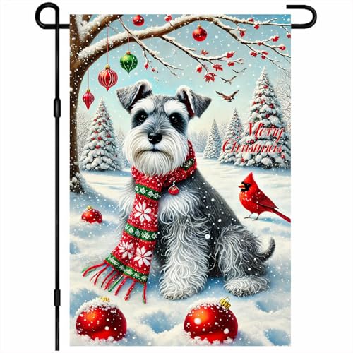 Image of BlissYard Winter Garden Flag Schnauzer Cardinal Snow Scene 12 x 18 Inch | Schnauzer and Cardinal, Snowy Tree Scene, Winter Yard Decor, Lawn, Porch, Patio, Garden, Seasonal Outdoor Flag