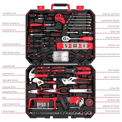 DEKOPRO Tool Set:228 Piece Home Tool Kit, Household Basic Repair Tool Set Comes with Plastic Storage Case, Socket Wrench Set for Car-Red