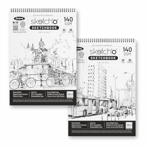 Image of Anupam Sketch-O Sketchbook A3 | 25 Sheets 50 Pages | 140GSM | Durable Acid Free Drawing Paper | Professional-Grade Sheets | Top Spiral-Bound Sketchpad for Artists & Professionals (Pack of 2)