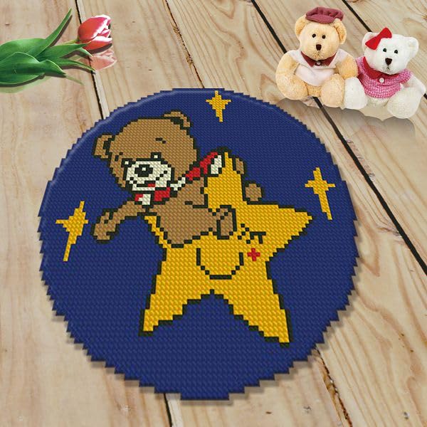 CraftsFabrics Teddy Star Ride Rug 60% Cotton 40% Polyester DIY Crafts Yarn Carpet Round Shape Animal Custom Latch Hook Rug Crochet Kits for Beginners Adults