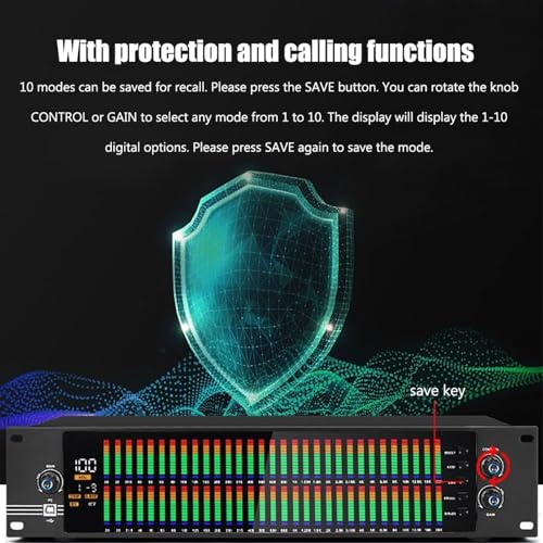 Ecualizador profesional digital de 31 bandas duales, 10 efectos preestablecidos y reducción automática de ruido, analizador de espectro musical LED con ajuste independiente de graves/medios/agudos miniatura 4