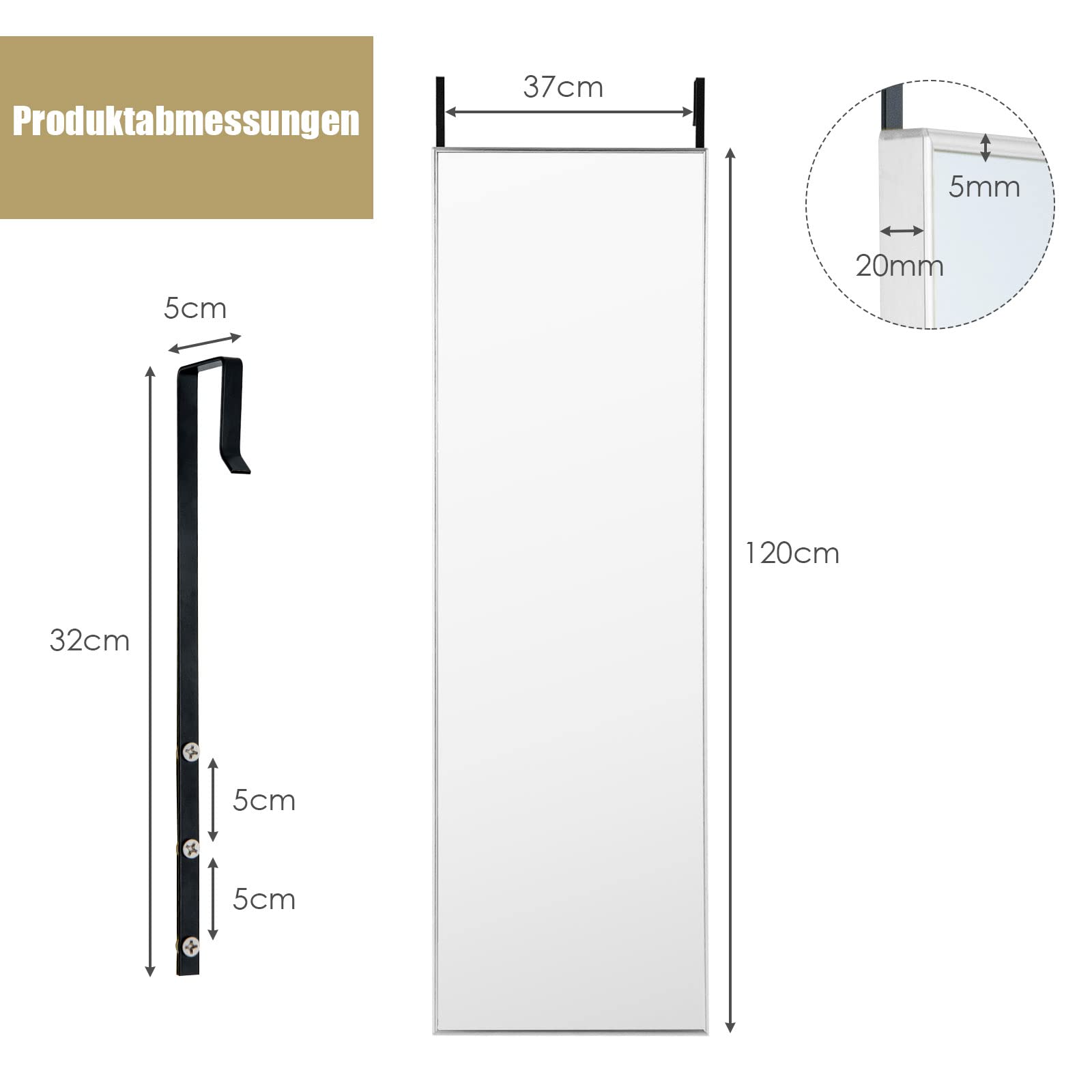 GOPLUS 37 x 120 cm, 2 w 1 lustro wiszące na drzwi i lustro ścienne z ramą ze stopu aluminium i szkłem przeciwwybuchowym, do sypialni, salonu i strefy wejściowej (srebrne)