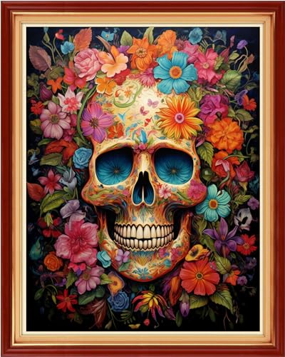 Image of Joyhoor Cross Stitch Kits for Beginners Stamped Cross-Stitch Supplies Needlework preprint Embroidery Kits for Adults DIY Needlepoint Kits Embroidery Patterns 11CT-Colorful Skull 16x20 inchs
