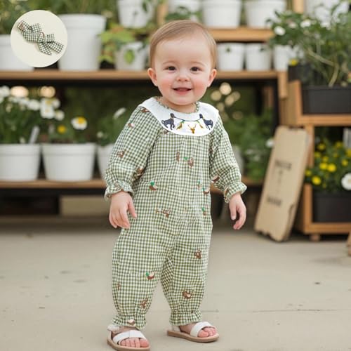 Baby Girl Hunting Outfit Mallard Duck Onesie Smocked Romper Long Sleeve Plaid Jumpsuit Headband Infant Fall Clothes2