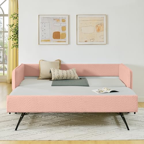 KEIKI Twin Size Upholstery Tufted Daybed with Erectable Trundle, Twin to King Design Modern Extendable Boucle Sofa Bed, Easy Assembly, No Box Spring Required, for Living Room and Bedroom, Beige