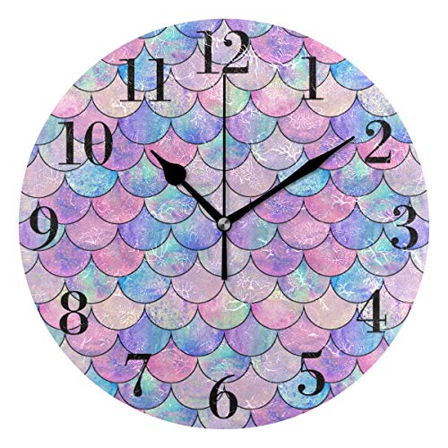 Image of susiyo Mermaid Fish Scale Wall Clock 9.8 Inch Silent Round Wall Clock Battery Operated Non Ticking Creative Decorative Clock for Kids Living Room Bedroom Office Kitchen Home Decor