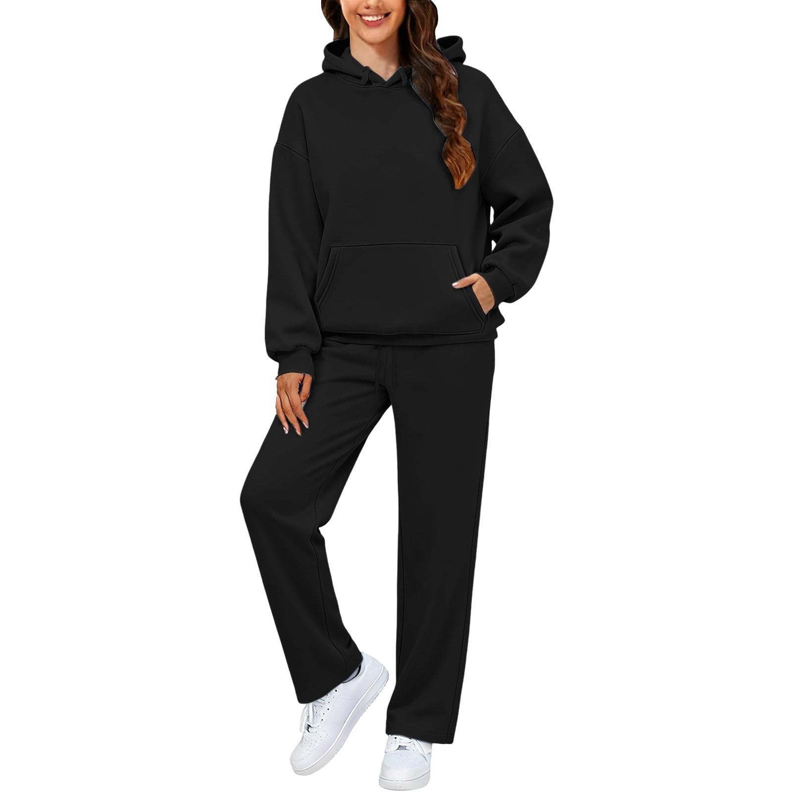 Ensemble de pyjama 2 pièces à manches longues pour femme | Ensemble de pyjama côtelé uni à manches longues, sweat à capuche et taille élastique, pantalon long