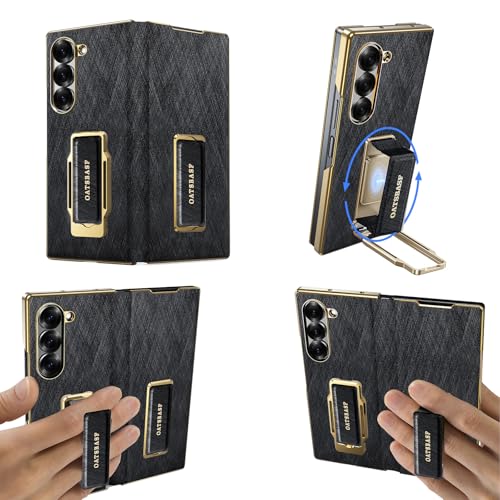 Leder Hülle für Samsung Galaxy Z Fold 6 mit Handy Fingerhalter 360Drehbar Ständer Lederhülle Komplettschutz Stoßfeste Handyhülle Anti-Kratzer Schutzhülle für Z Fold 6 Klapphülle Case(Schwarz)