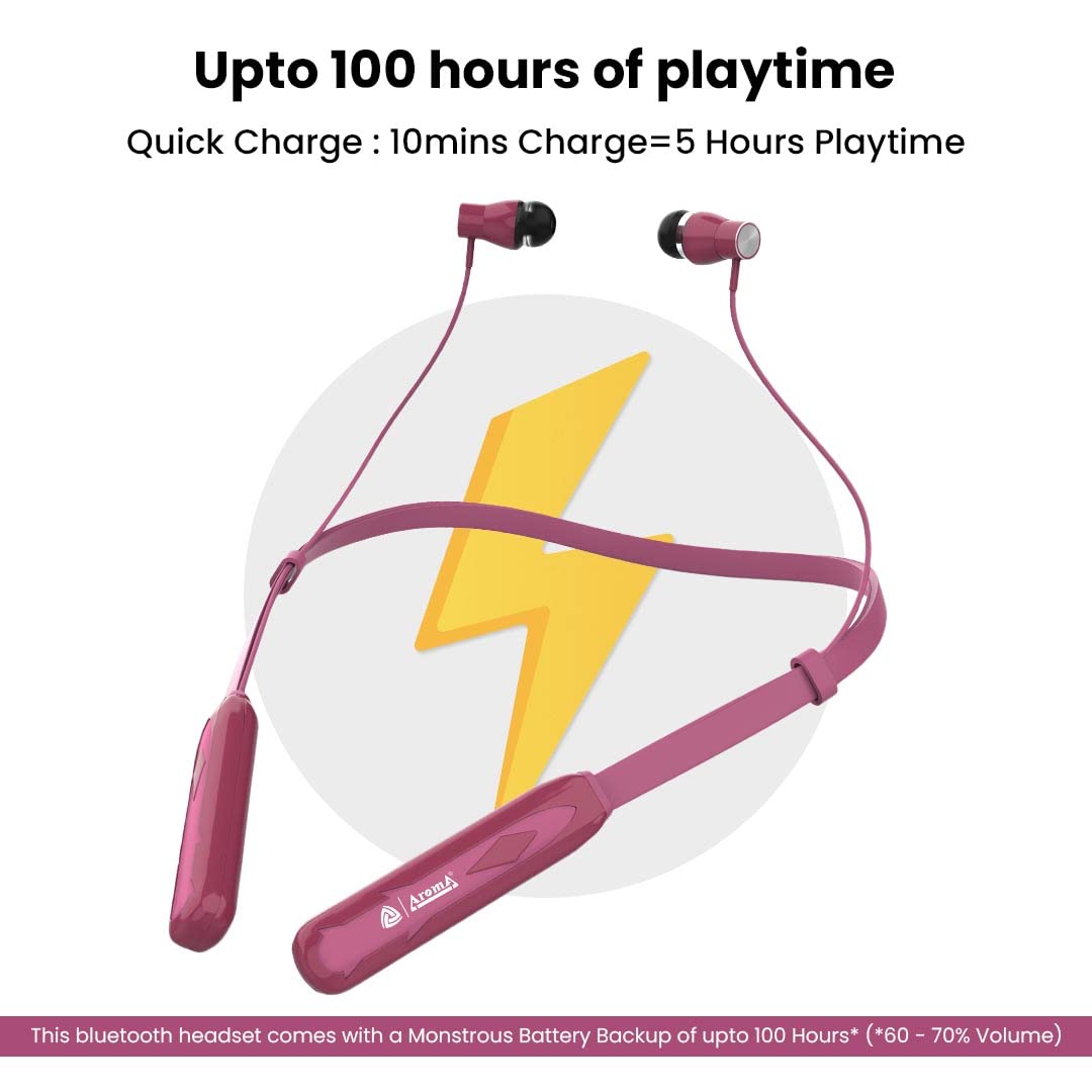 Aroma® NB119 Magic Bluetooth Wireless Headset Neckband with Long Lasting Playtime 100 Hrs, Smart Voice Assistant, 10M Transmission, Bluetooth V5.0, Sweat & Splash Proof, Best for Gaming, Running, Workout (Cherry)