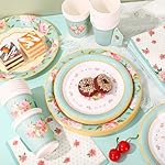 Whaline Tea Party Tableware Supplies Serves 24 Floral Tea Party Disposable Paper Dinnerware 24 9" Plates 24 7" Saucer Plate 24 9oz Tea Cups with Handle 48 Luncheon Napkins for Birthday Bridal Shower - Image 4