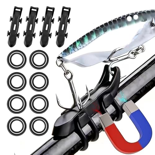 Fishing Rod Hook Keeper Set, 4 Pack with O-Rings, Magnetic Lure Holder and Rod Protector, Black (HS-1)