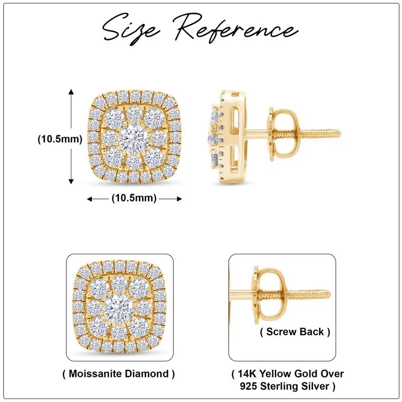 SAVEARTH DIAMONDS 1 1/4 Carat Round Cut Moissanite Diamond & Lab Grown Diamond Cushion Frame Halo Cluster Stud Earrings In 14k Gold Over Sterling Silver (1.25 Cttw)3