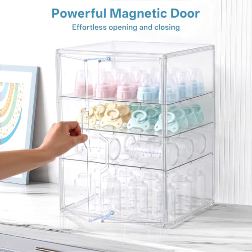 Image of HBlife Baby Bottle Storage Organizer for Countertop Cabinet, 4 Tiers Adjustable Clear Acrylic Bottles Storage Station Case Box Container with 3 Removable Dividers and Magnetic Double Door, X-Large