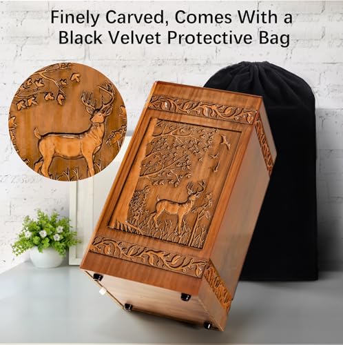 Wooden Cremation Urn for Human Ashes Adult Male Female 250 lbs, Engraved Deer Decorative Funeral Urns Box and Casket for Ashes Men Women with Satin Bag Burial or Memorial (Deer) by Aioguisn - Image 4