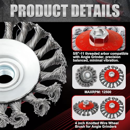 Image of Tioncy 12 Pack Wire Wheel for Angle Grinder, for 4-1 /2 inch Angle Grinder with 5 /8 inch-11 Arbor, Heavy Duty Carbon Brushes for Rust Removal Heavy Cleaning Polishing(Red,Knotted Wire Wheel Brush)