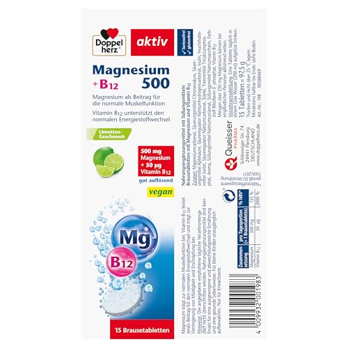 Doppelherz Magnesium 500 + B12 - mit Magnesium & Vitamin B12 zur Unterstützung der normalen Muskelfunktion - vegan - 15 Brausetabletten mit Limetten-Geschmack 2