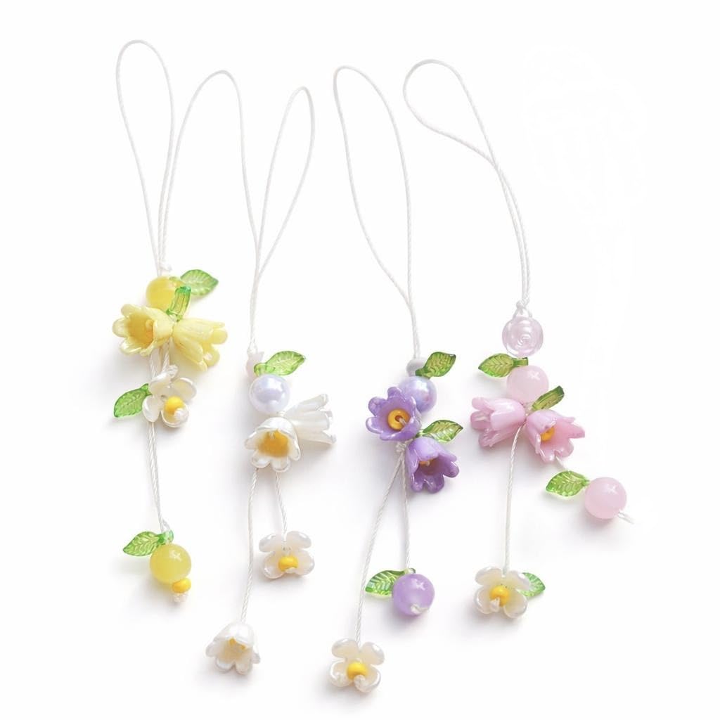 Floral Phone Charm Strap, Beaded Flower Design with Leaves, Pastel Colors, Mobile Accessory-image-13