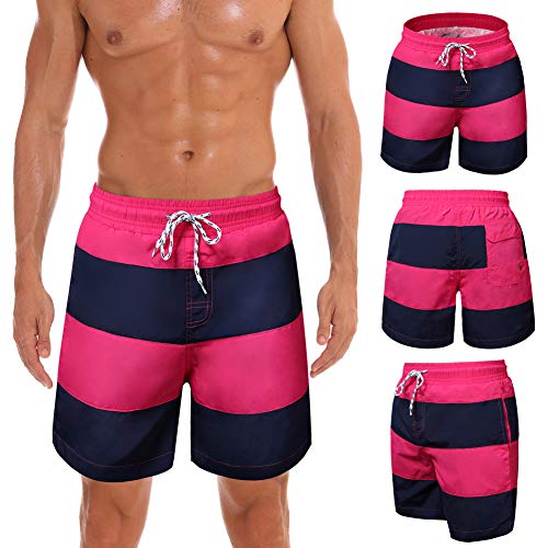WEVIAS Men's Short Swim Trunks Best Board Shorts for Sports Running Swimming Beach Surfing Quick Dry Breathable Mesh Lining (Rose Red Stripe, US XS (Fit Waist 28"-30",Tag M))