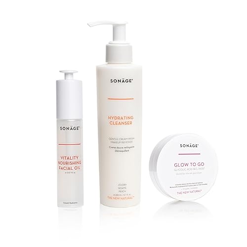 Sonage Bare Essentials - Limpiador hidratante, almohadillas de ácido glicólico Glow To Go y aceite facial nutritivo Vitality | Rutina perfecta para