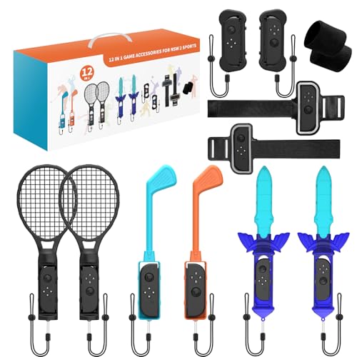 Ertisa 12 en 1 Kit de Accesorios para Switch 2, Juego de Accesorios Deportivos para Switch 2 Fiesta Familiar Paquete de Accesorios de Juegos Deportivos con palos de golf, raquetas de tenis, esgrima
