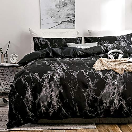 Langde Juego de Funda de Edredón Patrón Mármol Nordicas de Microfibra 220 x 240 cm con 2 x Fundas de Almohada de 50 x 75 cm para Cama 150/160, Juego de Ropa de Cama, Negro Blanco