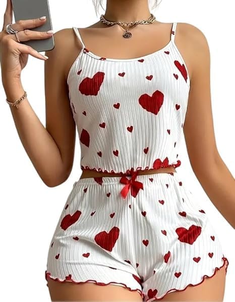 Women Satin Sleepwear Top & Shorts Set – Soft Cami Babydoll Night Suit, Heart Print Sexy Lingerie Pajama Set, Comfortable Casual Nightwear for Women-image-38
