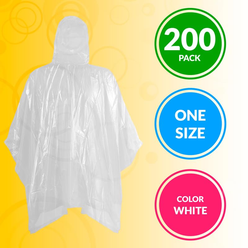 Image of ABC PACK & SUPPLY Disposable Rain Ponchos for Adults, Clear Hooded Rain Poncho, One Size, Polyethylene 0.02mm, Individually Wrapped, Bulk Pack of 200