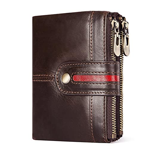 Genuine Leather Wallets for Men,RFID Blocking Cowhide Vintage Bifold Zipper Snap Closure Large Capacity 7 Credit Card Slots+2 Banknote Compartment+2 Zip Coin Pocket+1 ID Window