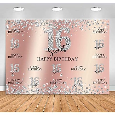 Sensfun Rose Gold Sweet 16 Birthday Backdrop Girls Sweet Sixteen Diamond Shining Birthday Theme Party Banner Decorations Pink Silver Sixteen Princess Photo Background Portrait Booth Props (7x5ft) Cover